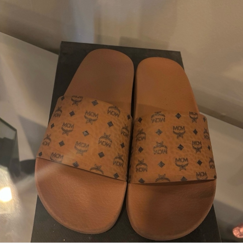 MCM Brown Monogram Slide Sandals